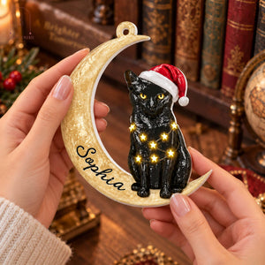 Personalized Black Cat Christmas Acrylic Ornament, Black Cat Sleeping On The Moon
