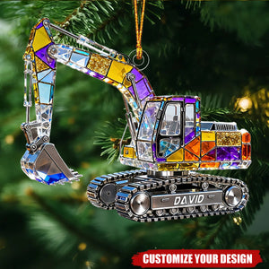 Personalized Stained Glass Excavator Heavy Equipment Ornament