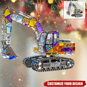 Personalized Stained Glass Excavator Heavy Equipment Ornament