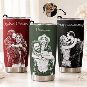Custom Couple Photo Sketch Line Art Anniversary Gift For Him, Her - Personalized Tumbler Cup