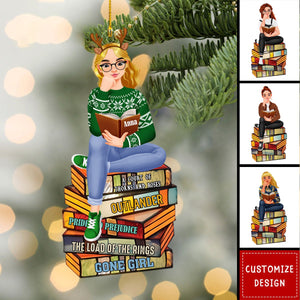 Girl Sitting On Stack Of Books Reading-Personalized Acrylic Ornament-Gift For Book Lovers-New Release