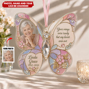 Personalized Photo Memorial Ornament, Butterfly Remembrance Keepsake, In Loving Memory Gift, Flat Acrylic Bauble, Sympathy Loss of Loved One