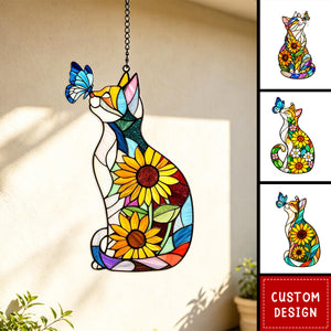 Personalized Cat Sunflower Butterfly Acrylic Suncatcher, Light Catching Gift for Cat Lovers