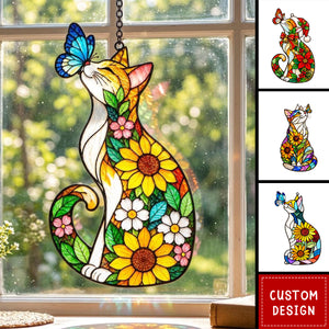 Personalized Cat Sunflower Butterfly Acrylic Suncatcher, Light Catching Gift for Cat Lovers