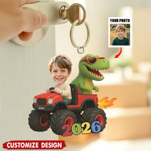 Personalized Kid Photo Dinosaur Truck Keychain