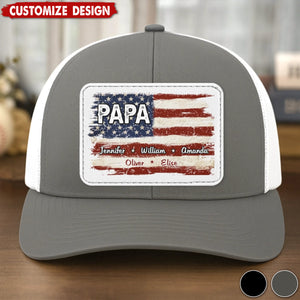 Family First Always - Personalized Leather Patch Mesh Cap - Gift For Dad, Grandpa