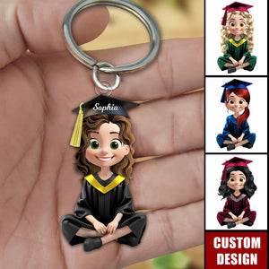 Cute Cartoon Sitting Graduates-Personalized Keychain, Graduation Gift