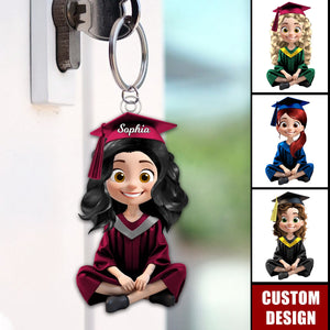 Cute Cartoon Sitting Graduates-Personalized Keychain, Graduation Gift