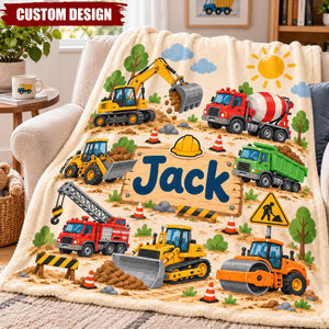 Personalized Construction Truck Excavator Blanket for Boys, Dump Truck and Bulldozer Throw