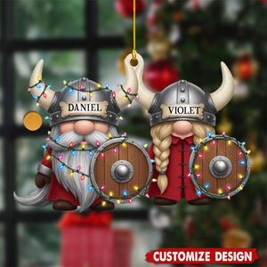 Custom Viking Christmas Ornament – Personalized Name Nordic Couple Decoration with Helmets & Shields, Cute Holiday Tree Gift