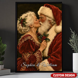 Personalized Romantic Christmas Couple Poster, Santa And Mrs Claus Kissing Wall Art Decor
