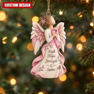 Personalized Faith Hope Strength Breast Cancer Wooden Ornament, Breast Cancer Survivor Gifts