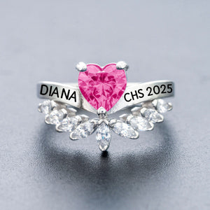 Personalized Engraved Graduation Flowered Heartbeat Birthstone Ring, Graduation Gift