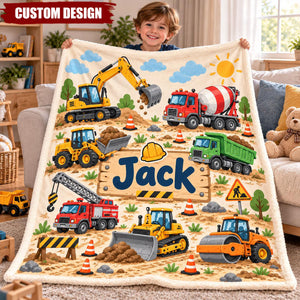 Personalized Construction Truck Excavator Blanket for Boys, Dump Truck and Bulldozer Throw
