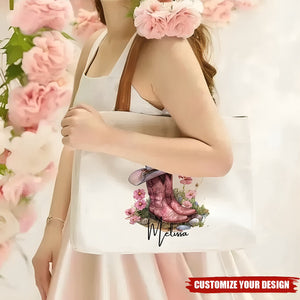 Personalized Birth Flower Western Cowgirl Boots Design Canvas Tote Bag