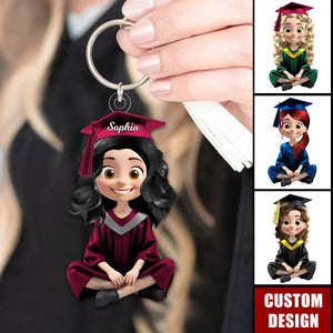 Cute Cartoon Sitting Graduates-Personalized Keychain, Graduation Gift