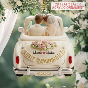 Personalized Just Married 2D Flat 2 Layer Ornament, Couple Newlywed Gift