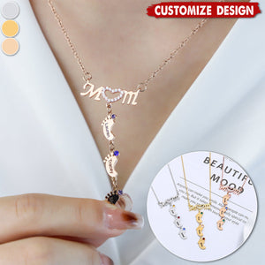 Mother's Necklace With Small Custom Name & Birthstone Baby Foot Charms