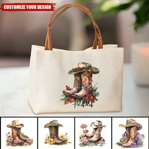 Personalized Birth Flower Western Cowgirl Boots Design Canvas Tote Bag