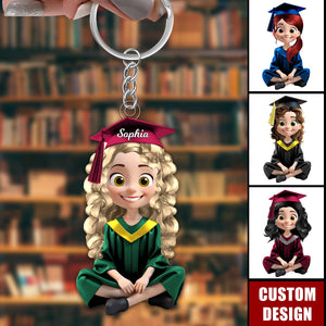 Cute Cartoon Sitting Graduates-Personalized Keychain, Graduation Gift