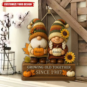 Growing Old Together, Couple With Sunflowers And Pumpkins Wood Sign, Gift For Couples And Grandparents