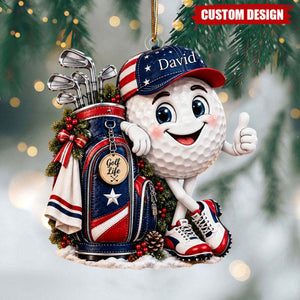 Personalized Golf Life Acrylic Ornament, Golfer Christmas Ornament, USA Golf Ball Character Keepsake