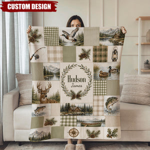 Personalized Hunting Blanket, Fishing Blanket, Rustic Woodland Nursery Decor, Deer Duck Bass Gift