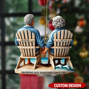 Old Couple Sitting On The Beach Growing Old Together, Personalized Christmas Acrylic Ornament, Gift For Couple 2025