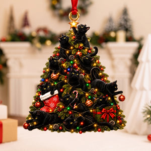 Personalized Black Cat Tree Christmas Ornament - Gift for Cat Lovers