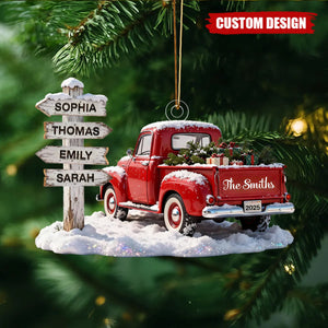 Personalized Red Truck Family Sign Posts Ornament