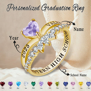 Personalized Engraved Graduation Flowered Heartbeat Birthstone Ring, Graduation Gift