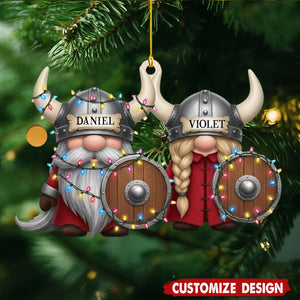 Custom Viking Christmas Ornament – Personalized Name Nordic Couple Decoration with Helmets & Shields, Cute Holiday Tree Gift