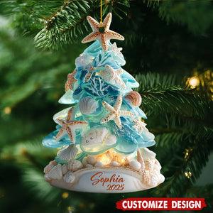 Personalized Beach Christmas Ornament, Coastal Christmas Tree With Shells