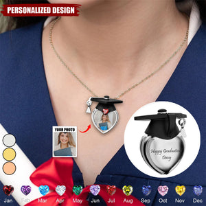 Personalized Dainty Grad Cap Zircon Heart Birthstone Necklace-Graduation Gift