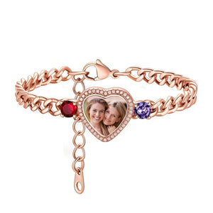Personalized Heart Photo 2 Birthstones Bracelet - Gift For Mom Wife Grandma