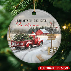 Personalized Coming Home For Christmas Family Red Truck Ceramic Ornament