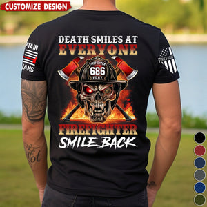 Death Smiles At Everyone Firefighter Smile Back Skull Shirt Gift For Firemen