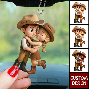 Cartoon Style Countryside Couple Cowboy Cowgirl Personalized Car Ornament