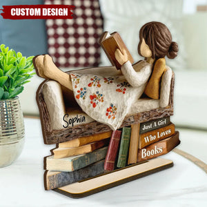 Personalized Man Woman Book Lover Reading Book On Sofa Wooden Plaque