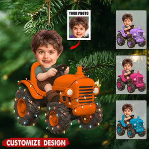 Personalized Tractor Christmas Ornament – Custom Photo Acrylic Ornament for Kids, Farm Truck Holiday Gift, Cute Boy Christmas Decor