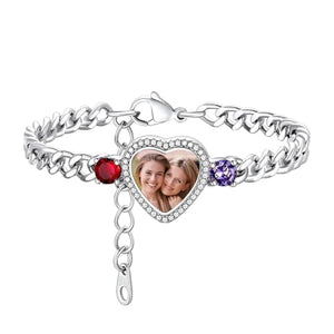 Personalized Heart Photo 2 Birthstones Bracelet - Gift For Mom Wife Grandma