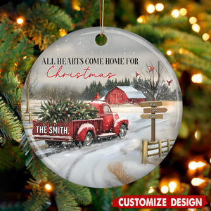 Personalized Coming Home For Christmas Family Red Truck Ceramic Ornament