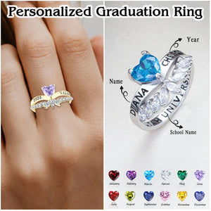 Personalized Engraved Graduation Flowered Heartbeat Birthstone Ring, Graduation Gift