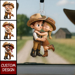 Cartoon Style Countryside Couple Cowboy Cowgirl Personalized Car Ornament