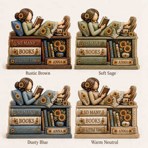 Personalized Book Lover Wooden Block, Custom Name Reading Girl Shelf Decor, Sunflower Bookish Gift, Library Desk Sign