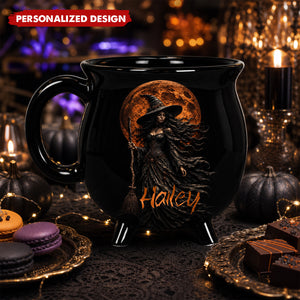 Custom Witchy Cauldron Name Mug, Mystic Witch Halloween Coffee Mug, Black Cauldron Ceramic Cup, Tarot Lover Gift, Cute Witch Themed Mug Gift