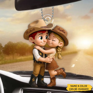 Cartoon Style Countryside Couple Cowboy Cowgirl Personalized Car Ornament