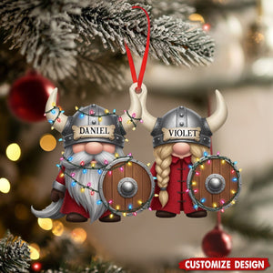 Custom Viking Christmas Ornament – Personalized Name Nordic Couple Decoration with Helmets & Shields, Cute Holiday Tree Gift