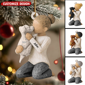 Personalized Boy Girl Hugging Dog Wooden Christmas Ornament - Gift For Dog Lovers
