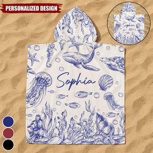 Under The Sea Toile De Jouy-Personalized Kids Hooded Towel